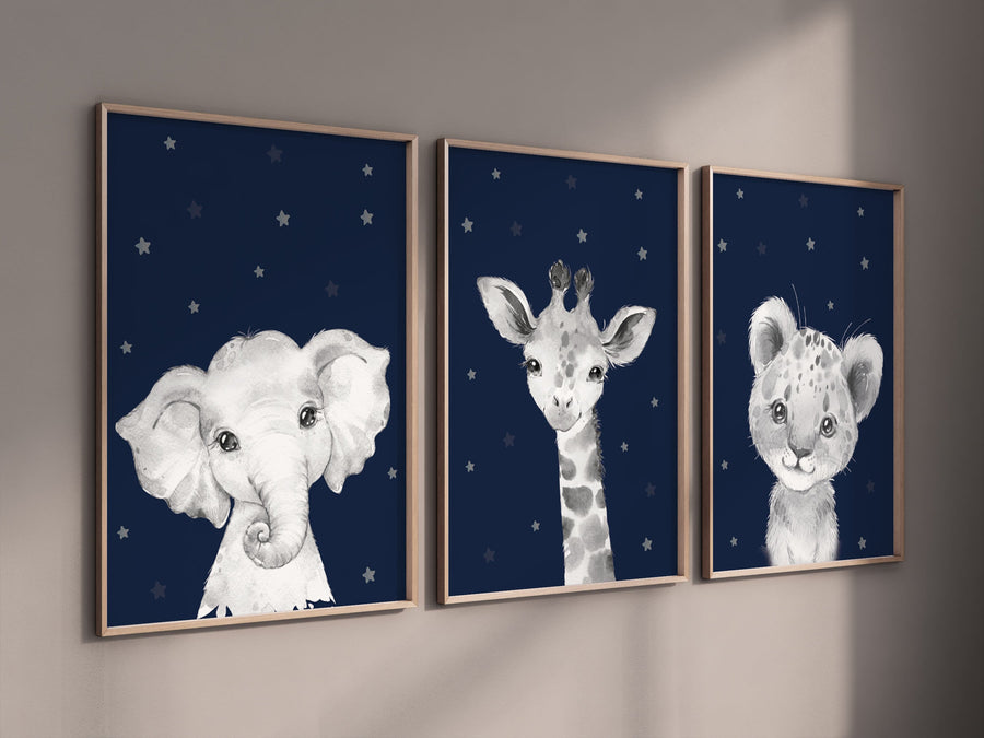 Nursery decor elephant and giraffe, animal nursery prints, navy nursery, navy blue nursery, baby room wall art, woodland animal prints