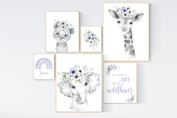 Nursery decor girl purple, animal nursery, Safari animals, Floral Nursery Prints, purple nursery, girls nursery decor, elephant nursery