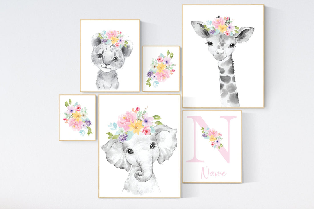 Nursery decor girl animals, boho nursery, animal nursery, Safari animals, Floral Nursery Prints, girls nursery decor, elephant nursery