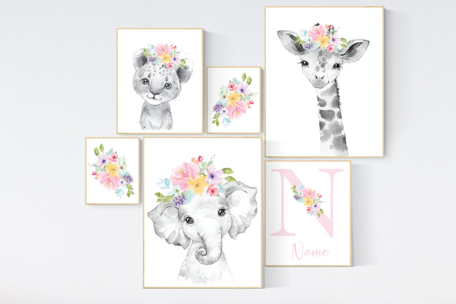 Nursery decor girl animals, boho nursery, animal nursery, Safari animals, Floral Nursery Prints, girls nursery decor, elephant nursery