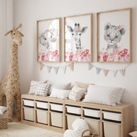Safari Animals, girl nursery, Animals Prints, Woodland Nursery Decor, Safari Nursery Wall Art, floral animal prints, Pink Safari Animals