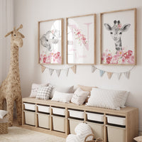 Safari Animals, girl nursery, Animals Prints, Woodland Nursery Decor, Safari Nursery Wall Art, floral animal prints, Pink Safari Animals