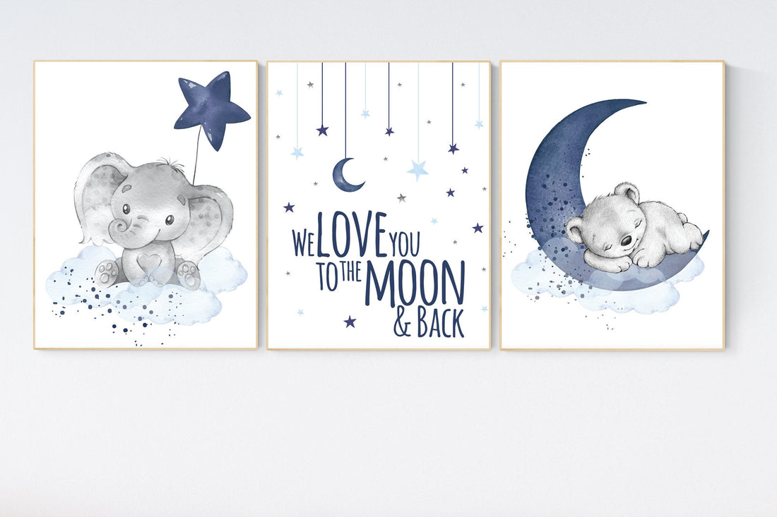 Nursery wall art animals, baby room decor navy blue, baby room decor, elephant, bear, animal nursery decor, nursery prints, elephant nursery