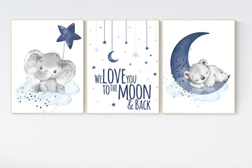 Nursery wall art animals, baby room decor navy blue, baby room decor, elephant, bear, animal nursery decor, nursery prints, elephant nursery
