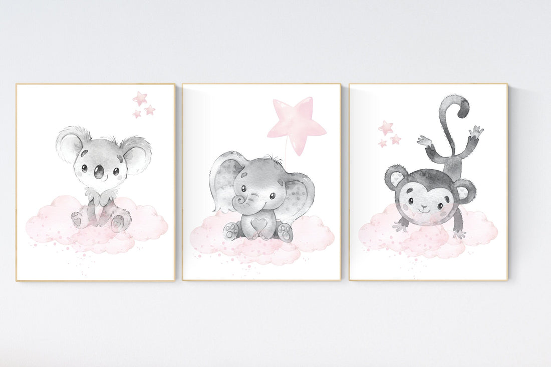 Nursery wall art girl elephant, koala, monkey, pink and grey, nursery decor girl pink, animal prints, nursery prints, pink nursery decor