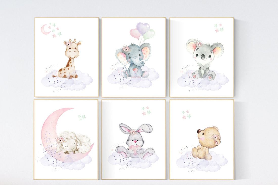 Nursery decor girl, animal prints, jungle animals, nursery prints animal, girl nursery wall decor, elephant, giraffe, bear, bunny, koala