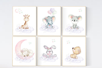 Nursery decor girl, animal prints, jungle animals, nursery prints animal, girl nursery wall decor, elephant, giraffe, bear, bunny, koala