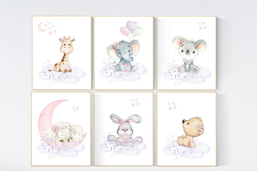 Nursery decor girl, animal prints, jungle animals, nursery prints animal, girl nursery wall decor, elephant, giraffe, bear, bunny, koala