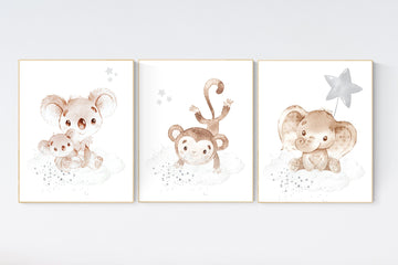 Nursery wall art animals, gray nursery, gender neutral nursery, neutral nursery, baby room decor, koala, elephant, monkey, animal prints