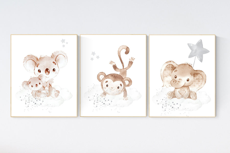 Nursery wall art animals, gray nursery, gender neutral nursery, neutral nursery, baby room decor, koala, elephant, monkey, animal prints