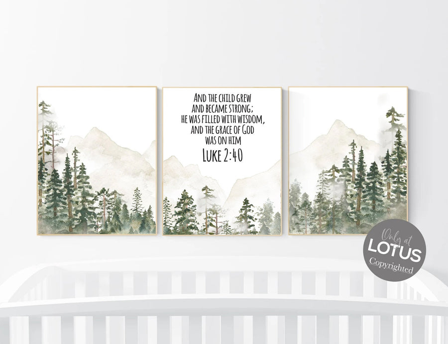 Nursery decor mountain, nursery wall art, tree nursery decor, adventure theme nursery, forest, sage green, beige, woodland animals