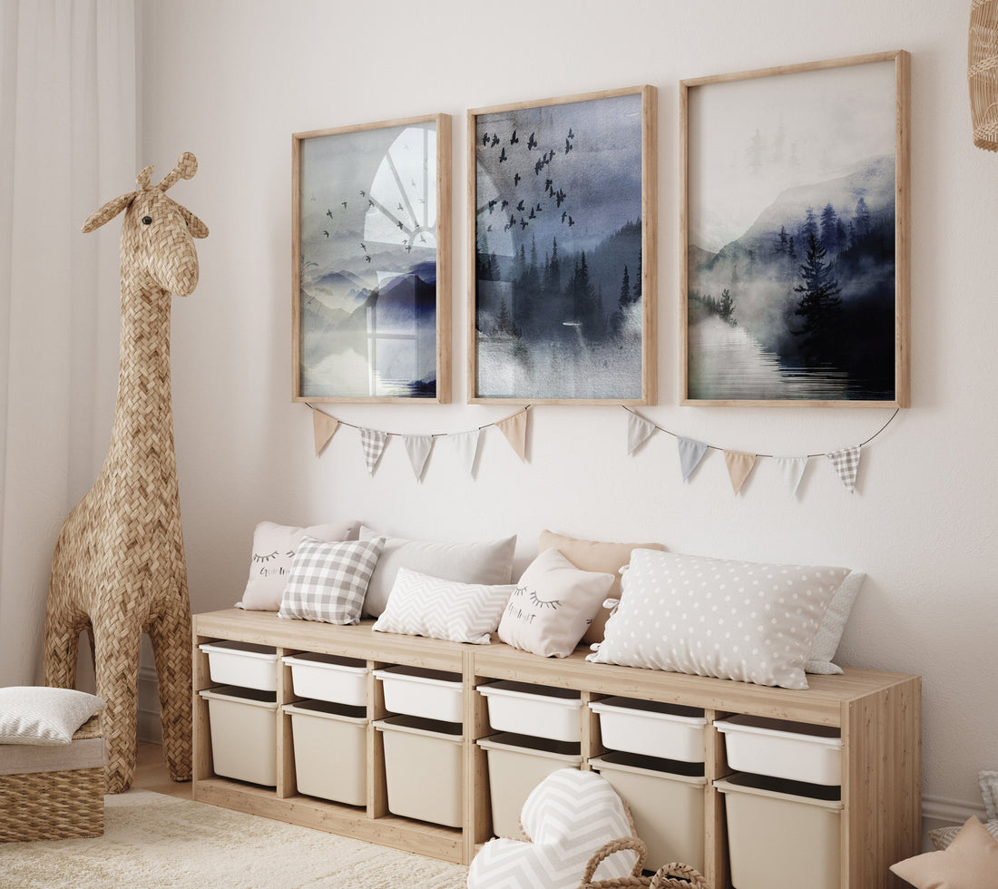 Landscape print, mountain wall art, landscape wall art, navy blue, neutral wall art prints, forest decor, nature prints, navy nursery