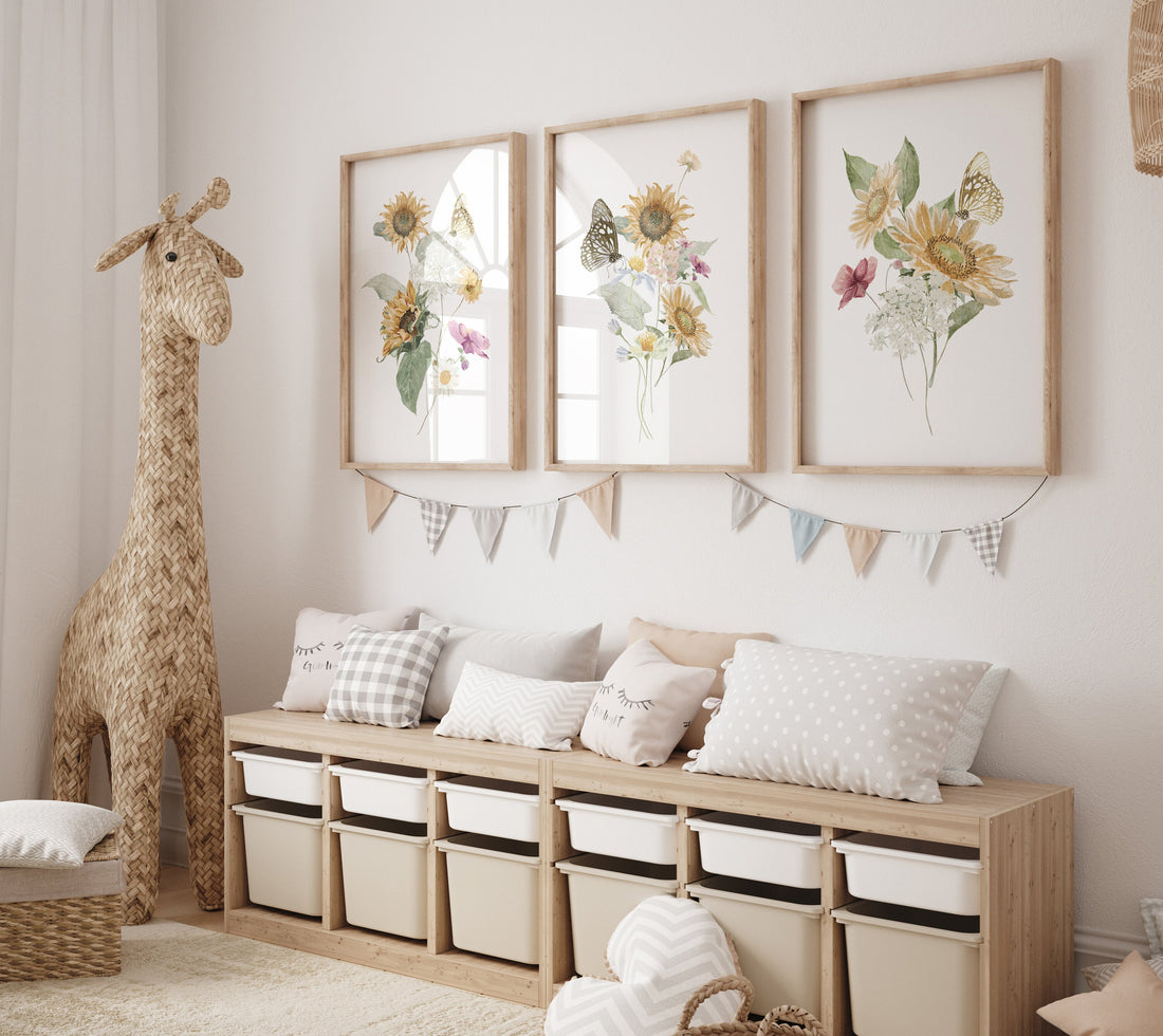 Boho Nursery wall art, Wildflower Nursery Decor, Floral Nursery, Girl Nursery Decor, vintage flower nursery, Sunflower, Yellow nursery