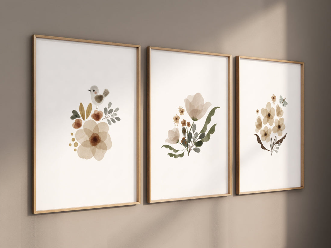 Boho nursery, flower nursery, girl nursery decor boho, neutral nursery, Boho Butterfly Floral Set, Butterfly Nursery Wall Art, Neutral