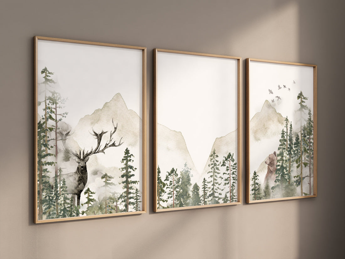 Nursery decor woodland, mountain wall art, tree nursery decor, adventure theme nursery, forest, sage green, beige, woodland animals