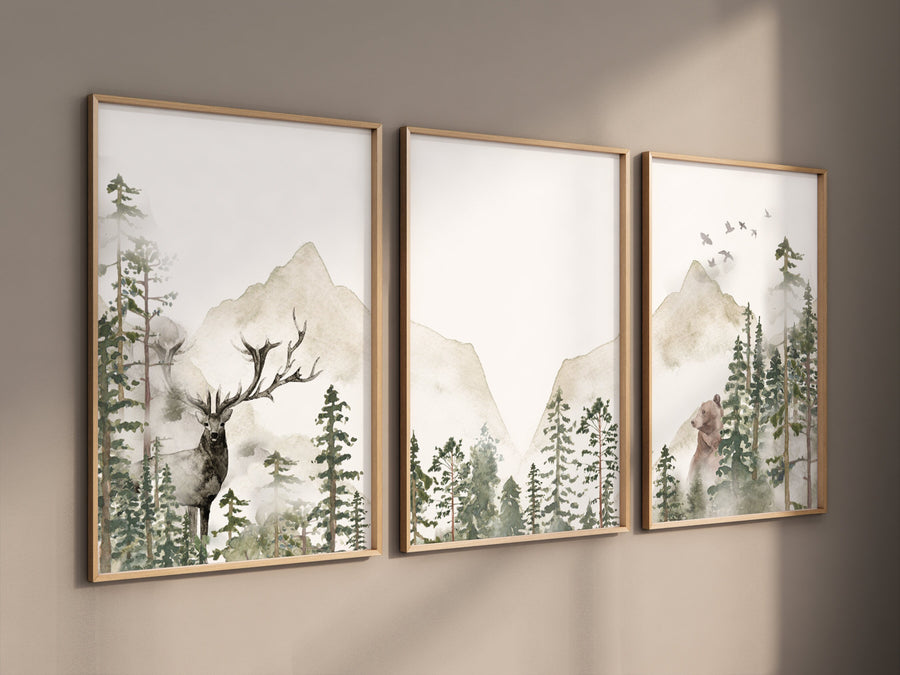 Nursery decor woodland, mountain wall art, tree nursery decor, adventure theme nursery, forest, sage green, beige, woodland animals