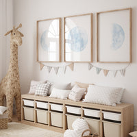 Moon nursery decor, moon print, blue nursery, gender neutral nursery, full moon print, moon nursery, set of 3, teal prints for nursery