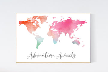 Nursery decor pink navy gold, girl room decor, world map print nursery, world map print watercolor, nursery wall art, pink, green, orange