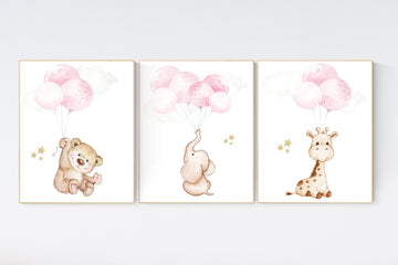 Girl nursery decor, pink and  gold nursery, animal prints, elephant nursery, bear nursery, giraffe nursery, balloon nursery, pink gold