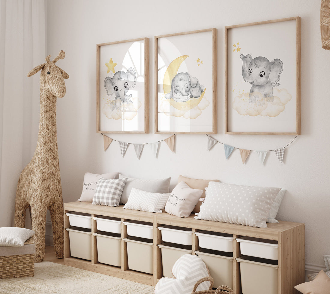 Nursery decor neutral, Yellow nursery, nursery wall art elephant, moon, stars, gender neutral, yellow and gray nursery art, baby room art