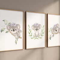 Koala nursery decor, purple nursery decor, koala bear prints, girl nursery wall art, animal prints, nursery decor girl, purple flower