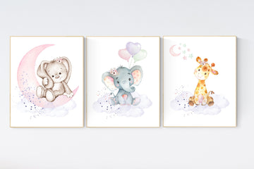 Nursery wall art girl elephant, giraffe, bunny, pink, purple, and gold nursery, cloud and stars, baby room decor, baby girl