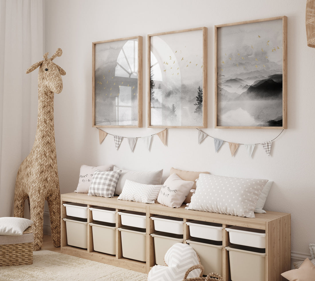 Landscape print, mountain wall art, gray and gold, nature prints, landscape wall art, neutral wall art prints, gray nursery decor, forest