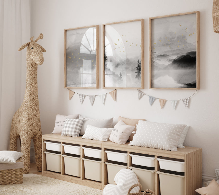 Landscape print, mountain wall art, gray and gold, nature prints, landscape wall art, neutral wall art prints, gray nursery decor, forest