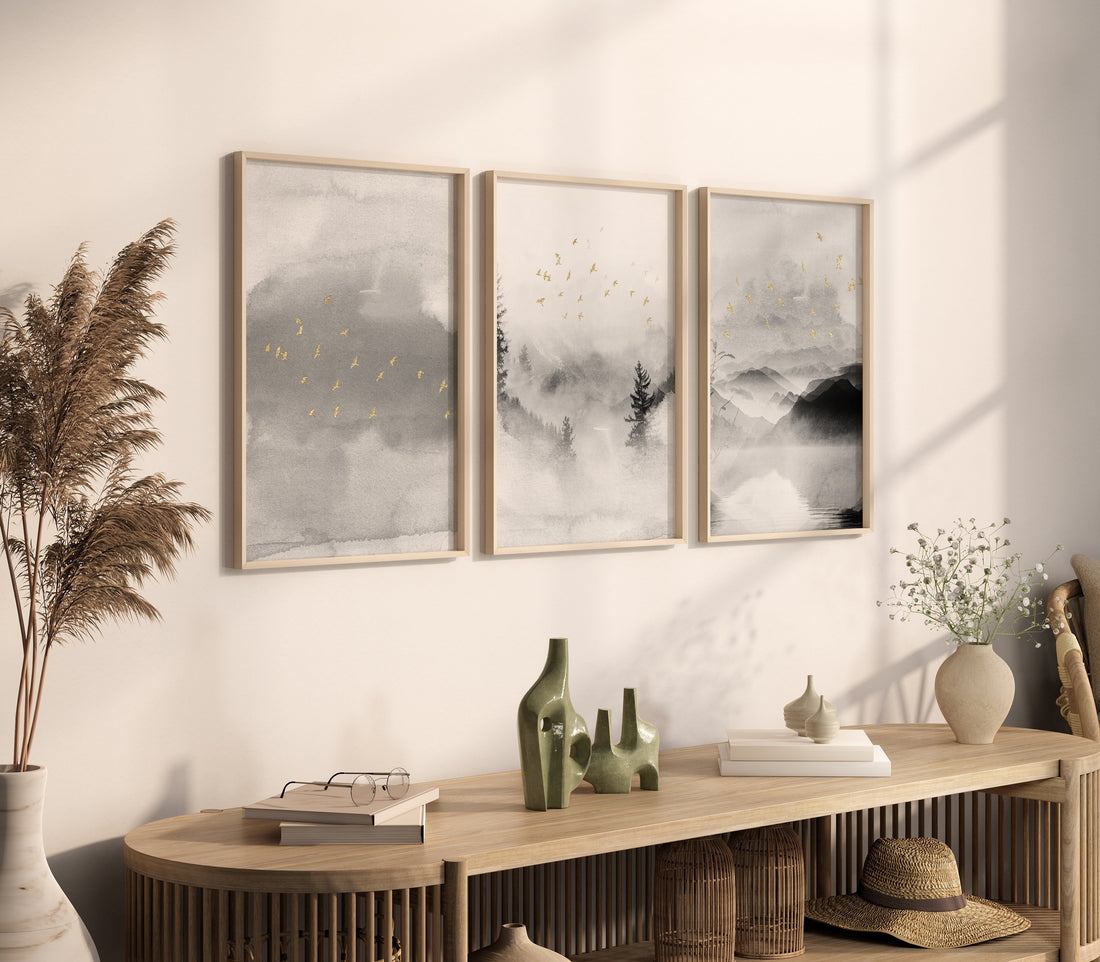 Landscape print, mountain wall art, gray and gold, nature prints, landscape wall art, neutral wall art prints, gray nursery decor, forest