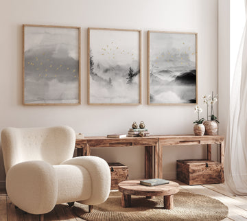 Landscape print, mountain wall art, gray and gold, nature prints, landscape wall art, neutral wall art prints, gray nursery decor, forest