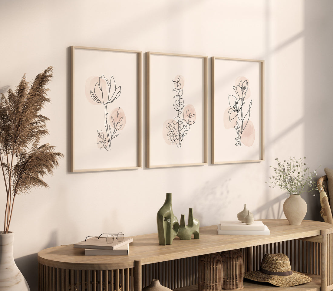 Minimalist Botanical Line Art Prints: Blush Floral Wall Decor Set