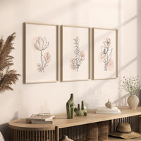 Minimalist Botanical Line Art Prints: Blush Floral Wall Decor Set