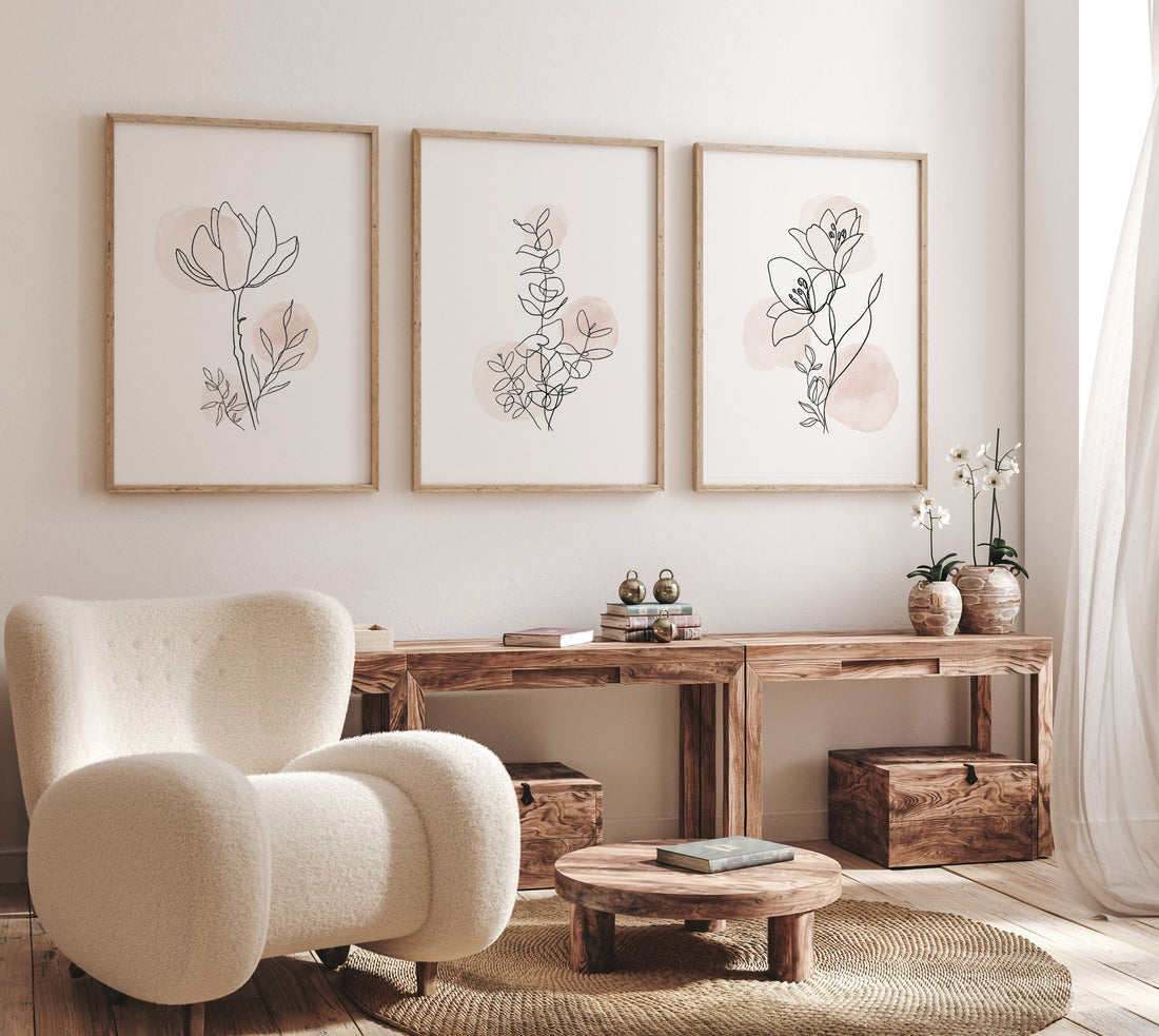 Minimalist Botanical Line Art Prints: Blush Floral Wall Decor Set