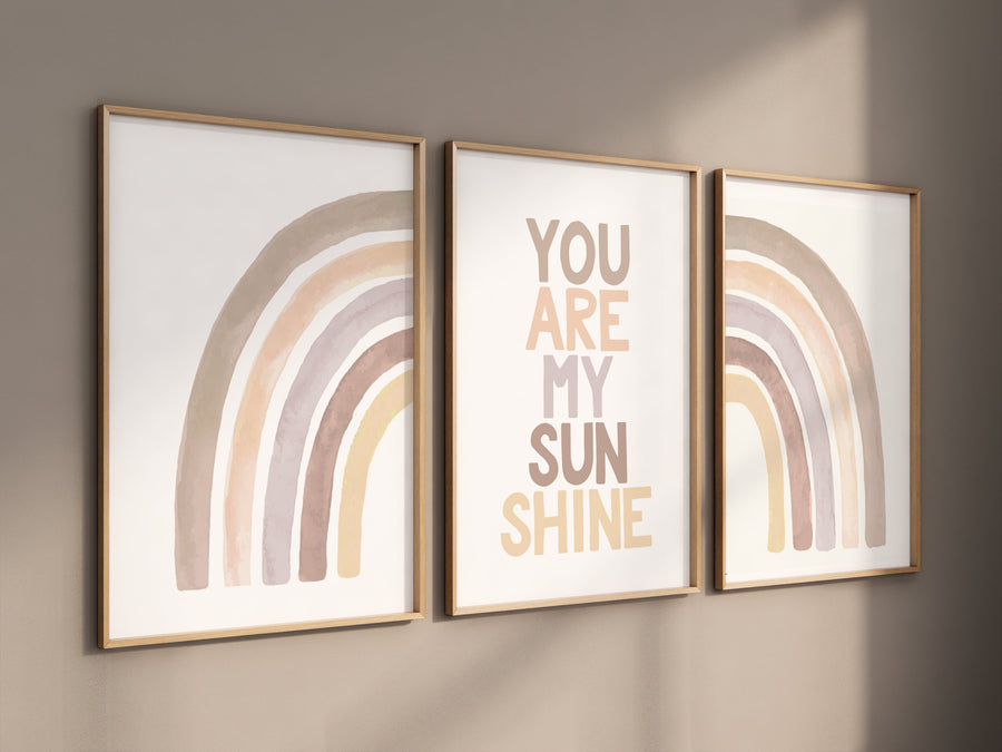 Boho Nursery, rainbow nursery, gender neutral, you are my sunshine, earth colors, rainbow prints, set of 3, boho prints