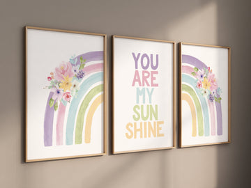 Nursery prints rainbow, girl nursery, pastel nursery, Nursery decor girl, nursery wall art, you are my sunshine, flower nursery, boho prints