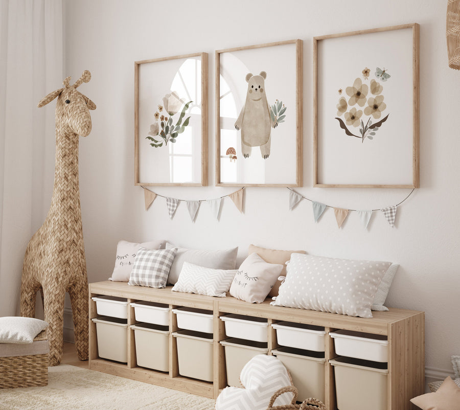 Nursery decor girl boho, Boho Nursery Decor, woodland nursery, flower nursery, neutral colors, Boho prints, earth colors, bear nursery