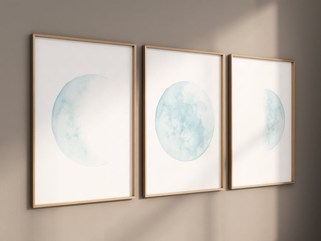 Moon nursery decor, moon print, teal nursery, gender neutral nursery, full moon print, moon nursery, set of 3, teal prints for nursery