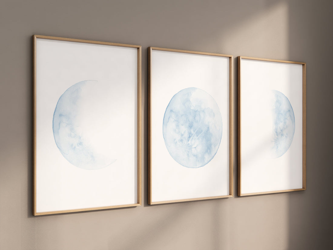 Moon nursery decor, moon print, blue nursery, gender neutral nursery, full moon print, moon nursery, set of 3, teal prints for nursery