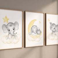 Nursery decor neutral, Yellow nursery, nursery wall art elephant, moon, stars, gender neutral, yellow and gray nursery art, baby room art