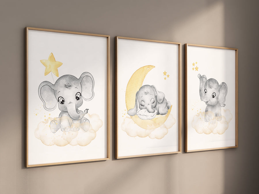 Nursery decor neutral, Yellow nursery, nursery wall art elephant, moon, stars, gender neutral, yellow and gray nursery art, baby room art