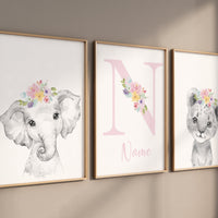 Girl nursery decor, Nursery wall art animals, Safari animals, Floral Nursery Prints, pink nursery, girls nursery decor, elephant nursery