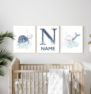 Ocean nursery decor, under the sea nursery, gender neutral nursery, nautical nursery print set, sea nursery, sea turtle, whale nursery