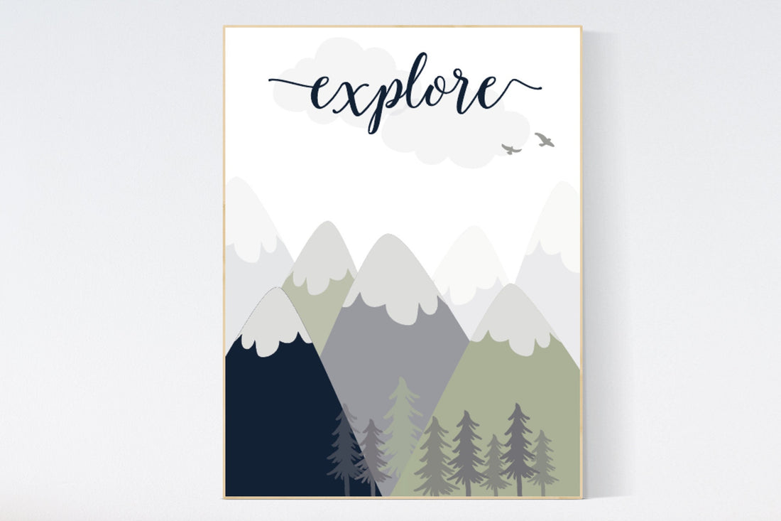 Woodland nursery, explore, nursery wall art woodland, sage nursery, nursery decor neutral, baby room decor mountains, adventure nursery