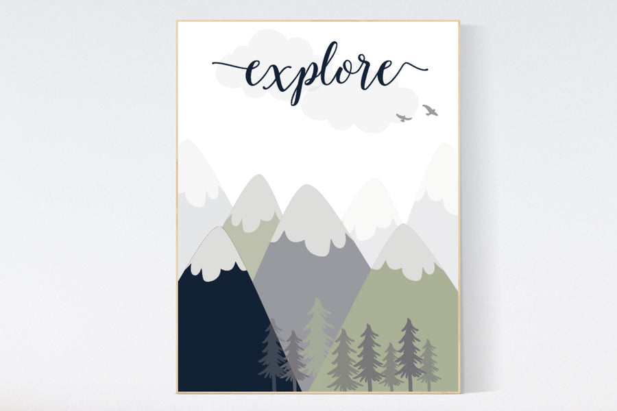 Woodland nursery, explore, nursery wall art woodland, sage nursery, nursery decor neutral, baby room decor mountains, adventure nursery