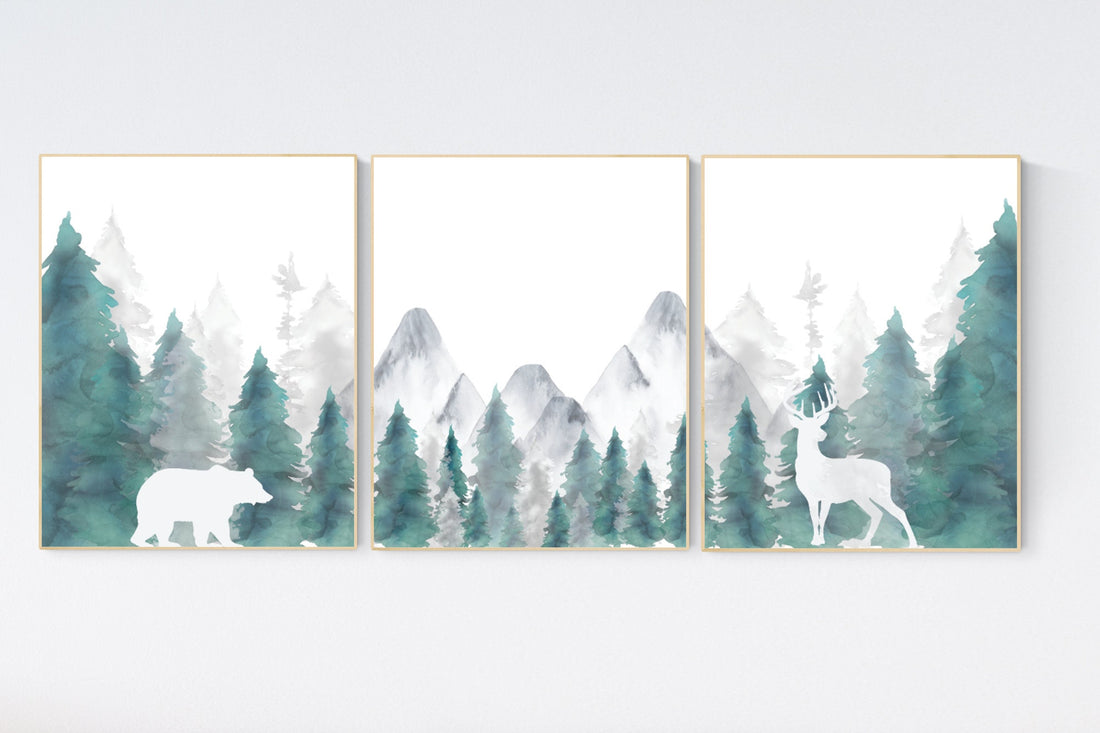 Nursery decor woodland, mountain wall art, tree nursery decor, adventure theme nursery, forest, teal nursery, woodland animals