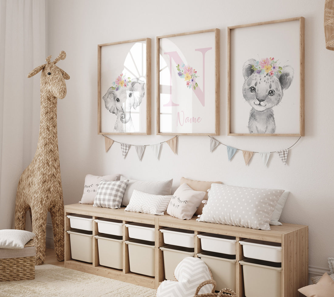 Girl nursery decor, Nursery wall art animals, Safari animals, Floral Nursery Prints, pink nursery, girls nursery decor, elephant nursery