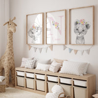 Girl nursery decor, Nursery wall art animals, Safari animals, Floral Nursery Prints, pink nursery, girls nursery decor, elephant nursery