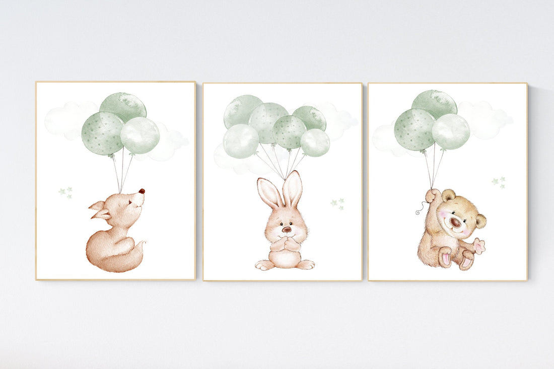 Nursery wall art animals, green nursery, gender neutral nursery, sage green, baby room decor, bear, fox, bunny nursery, animal prints