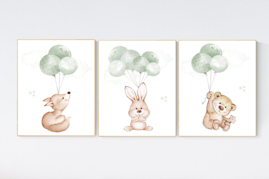 Nursery wall art animals, green nursery, gender neutral nursery, sage green, baby room decor, bear, fox, bunny nursery, animal prints
