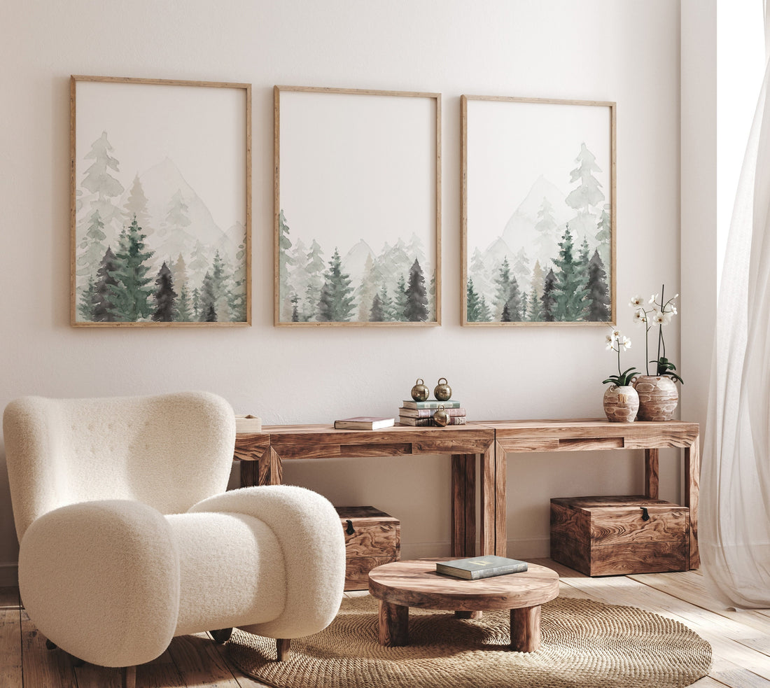 Nursery decor mountain, nursery wall art, tree nursery decor, adventure theme nursery, forest, sage green, beige, woodland animals